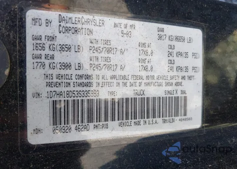 2003 Dodge Ram 1500 Slt/Laramie/St z USA, uszkodzony, nr VIN 1D7HA18D53S335993